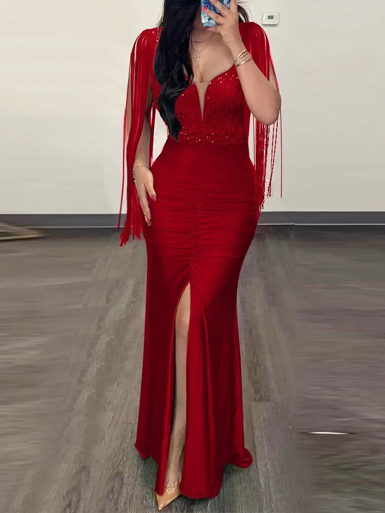 

Elegant Evening Party Dresses For Women Sexy Contrast Sequin Ruched Slit Evening Dress 2026 New Fashion Casual Female Clothing