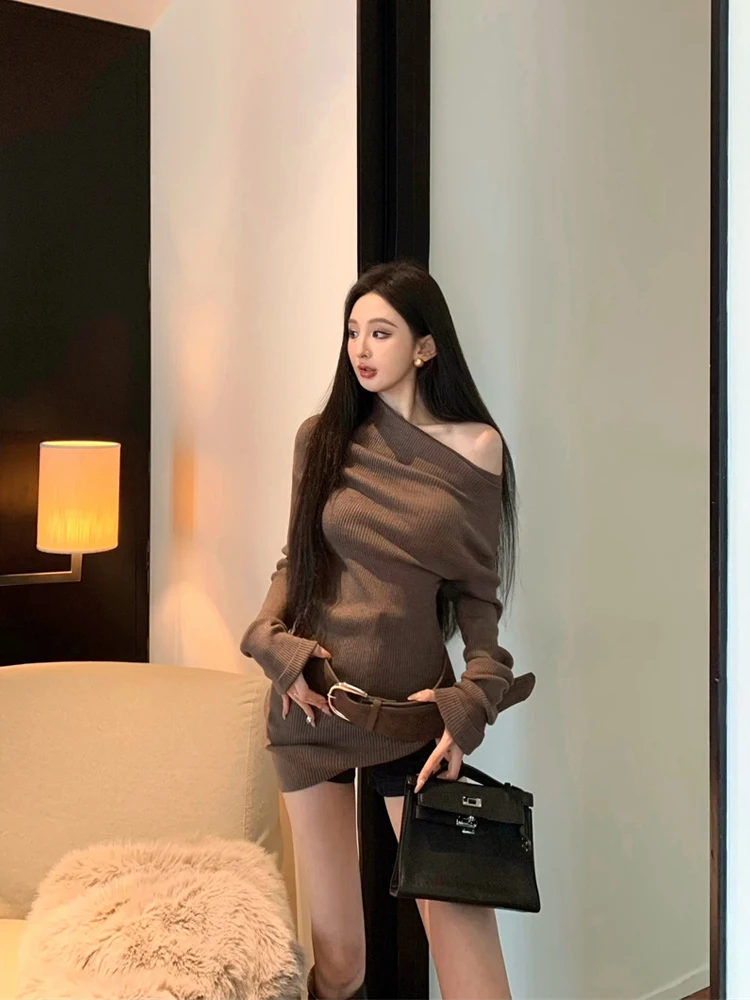 

Spicy Girl Retro Asymmetrical Long Sve Knitted Sweater Women's Base Layer Top Spring 2026 New Design Casual Slim Fit
