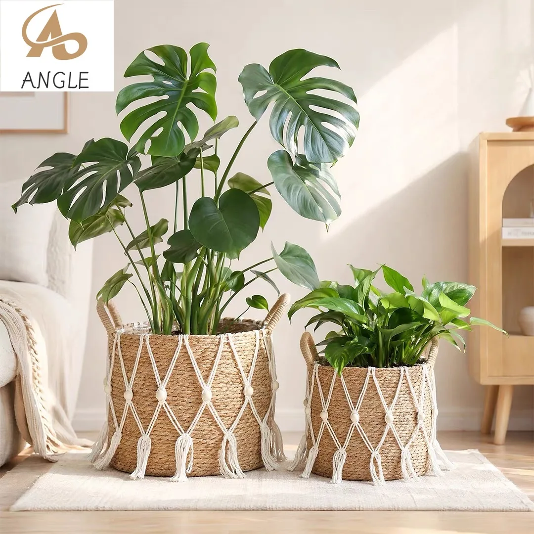 Macrame Woven Plant Basket Jute Rope with Tassels Handles Indoor Decorative Flower Pot Holders for Home Living Room Balcony