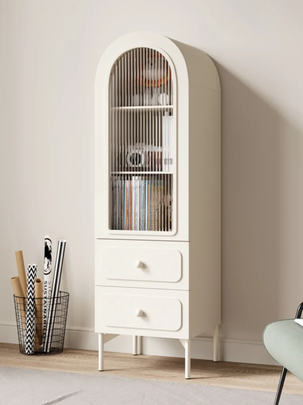 

Living Room Bookcase with Glass Door Assembled Cabinet Arch Storage Cabinet Household Cream Style Display Cabinet