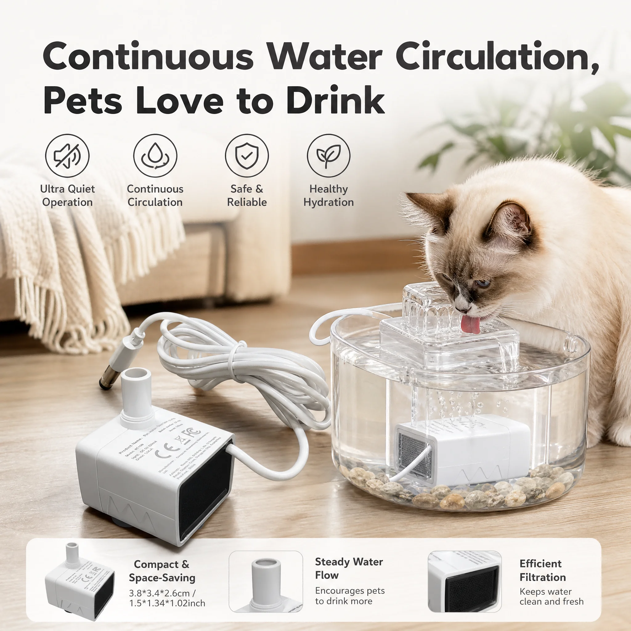 Ultra-leise USB-Aquarium-Fischbecken-Filtrationspumpe, Mini-Haustierbrunnen, Tauchpumpe mit einstellbarem Durchfluss, Wasserzirkulationspumpe 5V – Detail 2