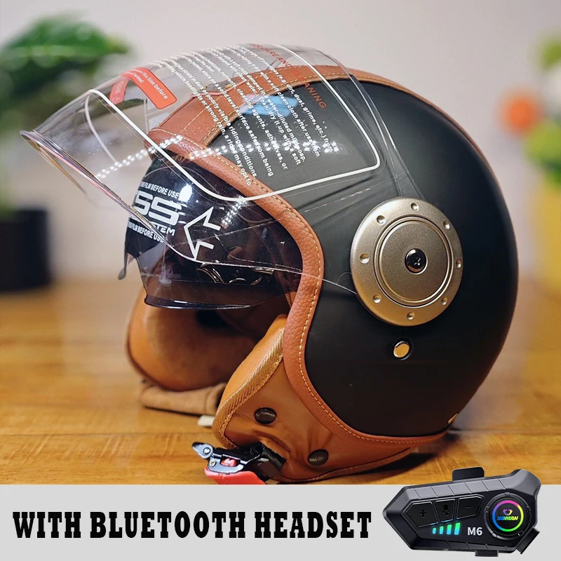 

DOT Certified Open Face Helmet with Bluetooth Headset Men Women Retro 3/4 Leather Jet Helmet Motorcycle Helmets Half Face Helmet