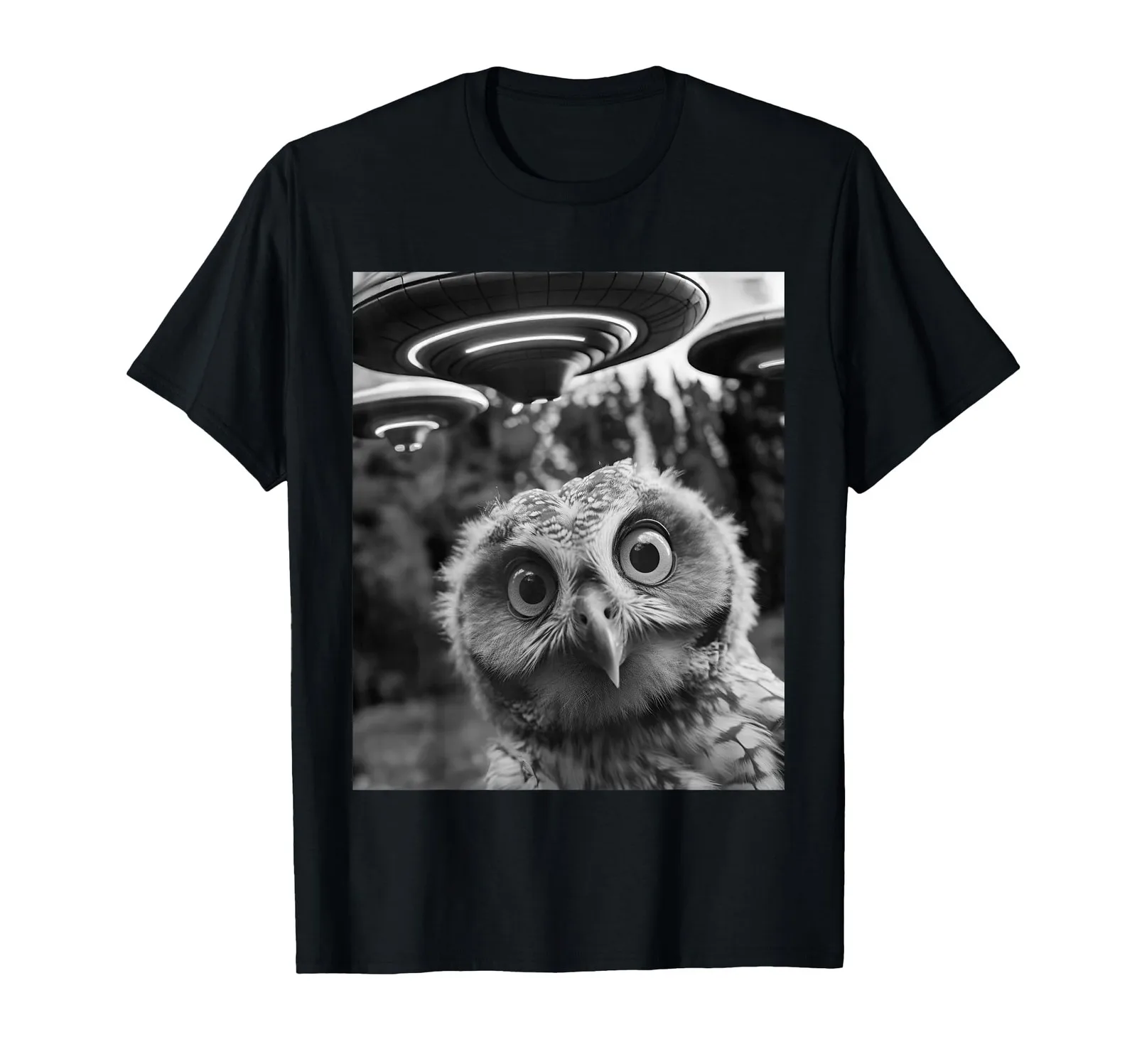 

Owl Selfie with UFOs Funny Graphic Tee for Men and Women