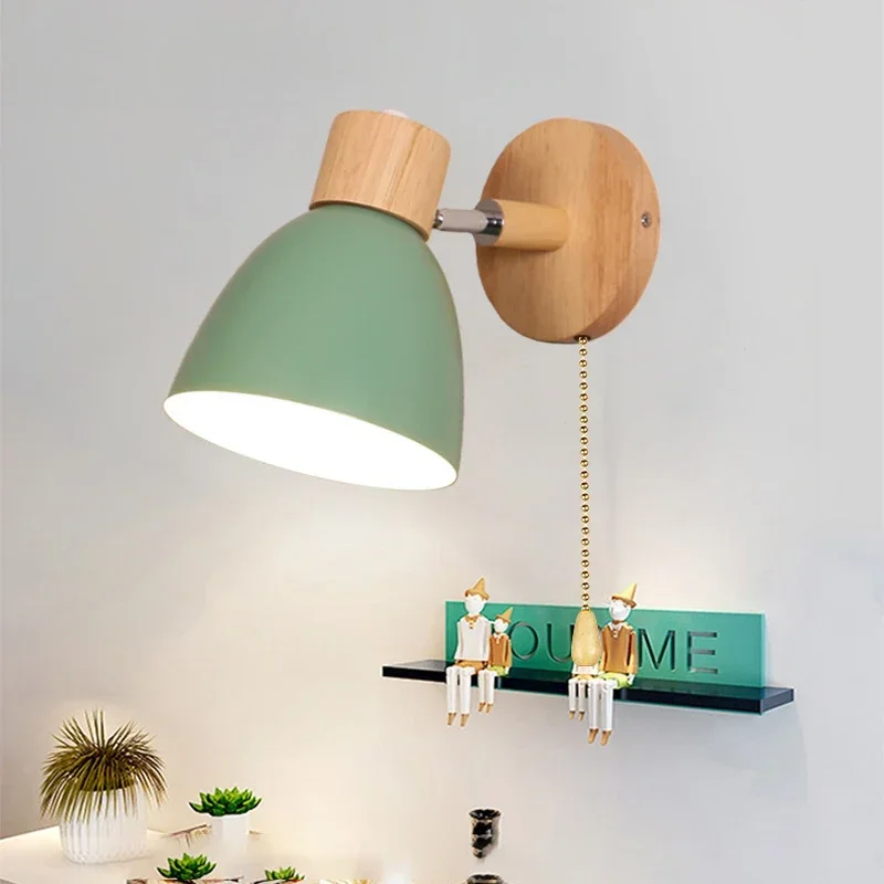Modern Wooden Wall Lamp with Switch Sconce Bedroom Living Room Home Lighting Macaroon Steering Head Colors E27 Nordic Wall Light image 2