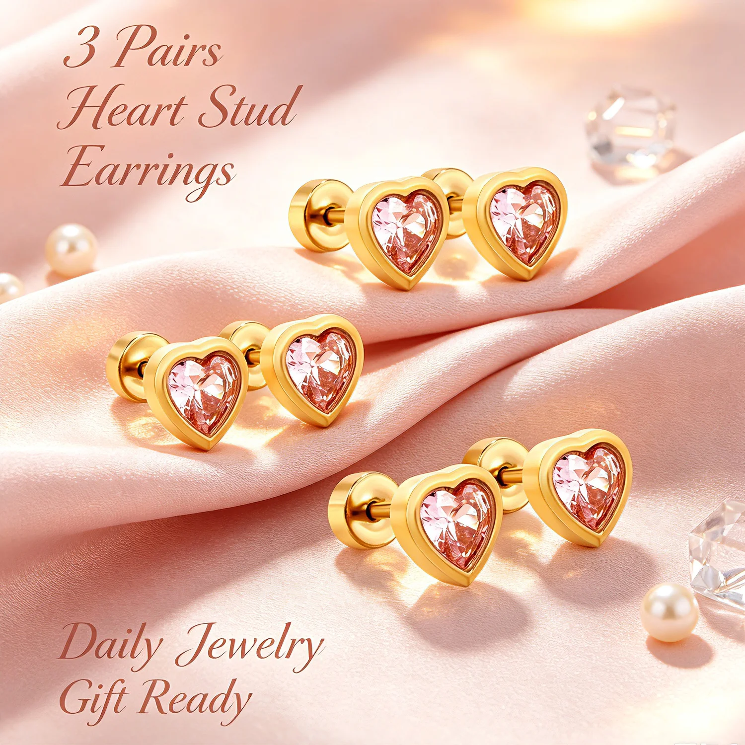 3 Pairs Sweet Romantic Heart Stud Earrings Pink Cubic Zirconia for Women Dainty Elegant for Daily Party Birthday Gift Ear Jewelr