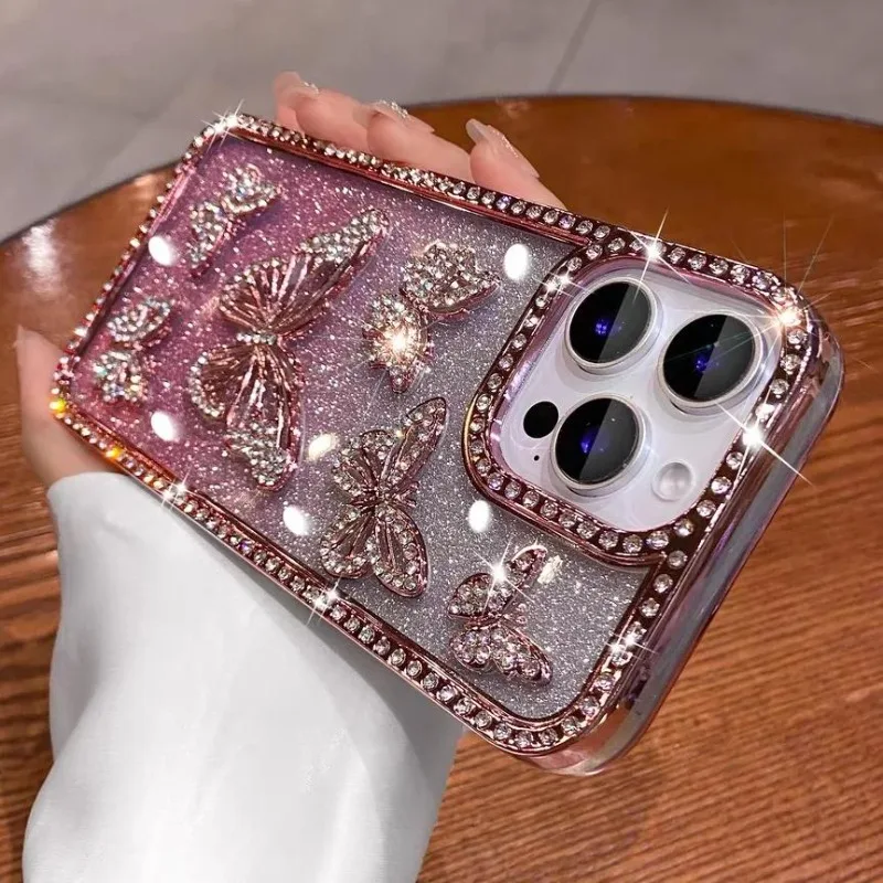 Glitzernde 3D-Schmetterlings-glänzende Hülle für iPhone 16, 15, 14, 13, 12, 11, Pro Max Plus, Diamant-Bling, glitzernde Strass-Mädchen, rosa, niedliche Hülle