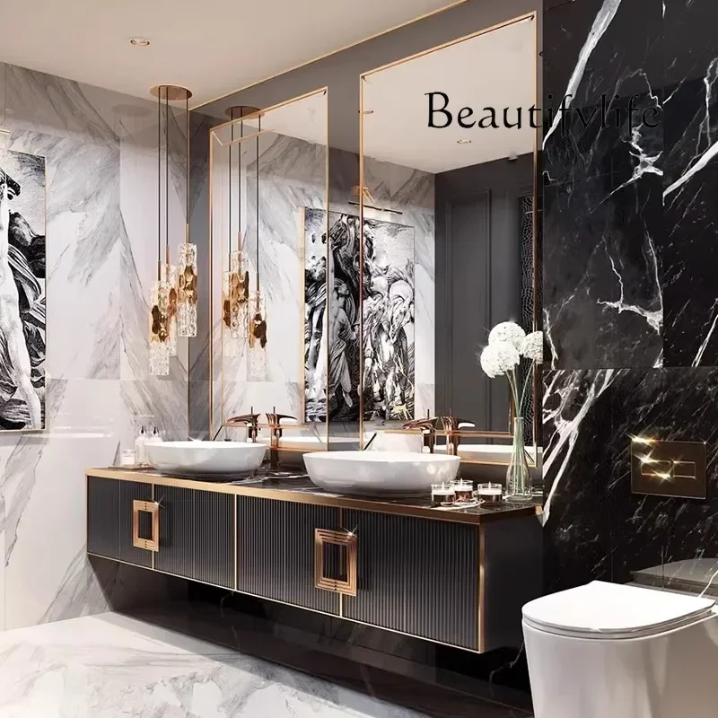 

Toilet light luxury French bathroom cabinet rock slab bathroom cabinet washstand washbasin oak combination