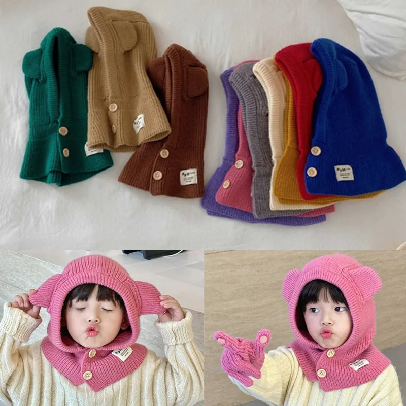 

Solid Colour Knitted Wool Winter Warm Baby Hat Cute Children Beanie Cap Ear Protection Balaclava Cap for 3-12T Kids Bonnet