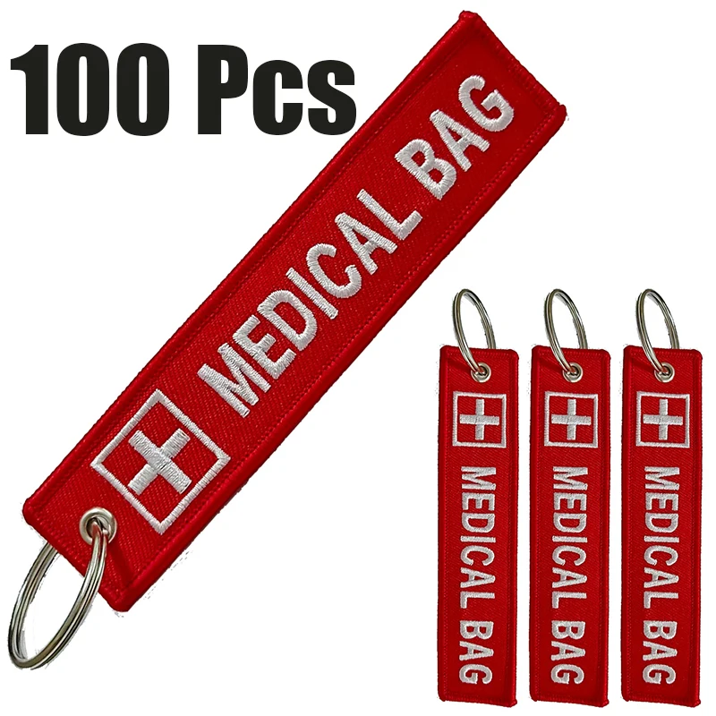 100Pcs Emergency First Aid Bag Embroidered Keychain Luggage Tag