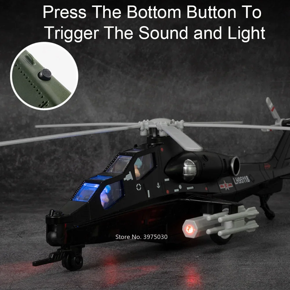 24.5CM Alloy Diecast CAIC Z-10 Helicopter Toy Models with Sound Light Fighter Plane Wheel Pull Back Aircraft for Children Toy