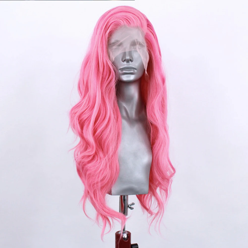 AIMEYA Pink Wig Synthetic Hair Lace Wigs for Women Natural Hairline Heat Resistant Fiber Cosplay Party Synthetic Wigs Daily Wear