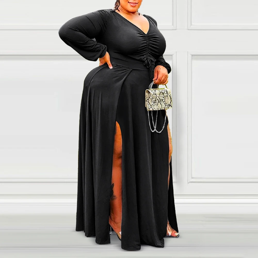 1XL-5XL Plus Size Dresses for Women 2024 Long Sleeve Sexy Split Chic Elegant Oversize Dress Female Black Party Evening Dresses