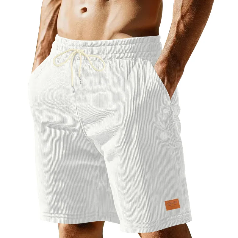 Men Vertical Corduroy Drawstring Shorts Elastic Waist Tag Decor Loose Summer Casual Shorts