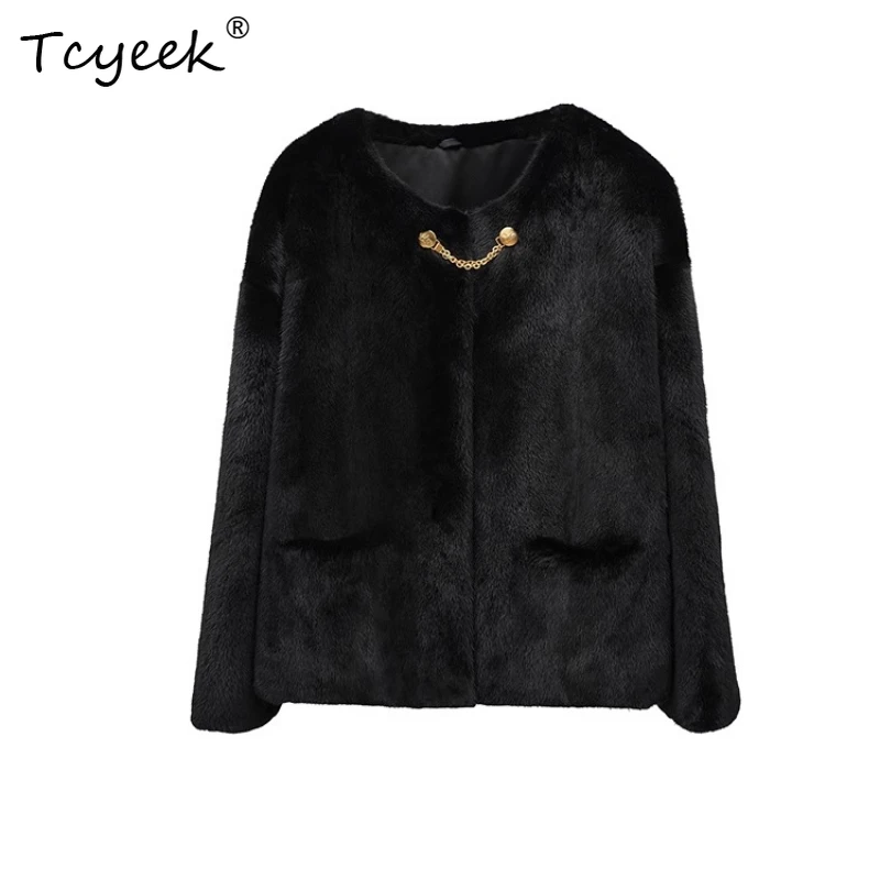 

Tcyeek Genuine Wool Autumn Winter High End Trendy Mink Fur Round Neck Black Women's Wool Shearling Fur Coat Fourrures Femme
