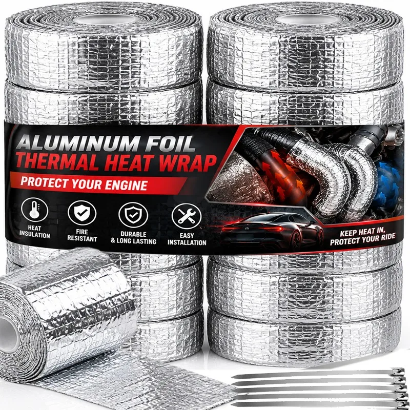 Aluminum Foil Glass Exhaust Heat Wrap Tape High Temp 2000°F Fiber Insulation for Car Exhaust Pipes with Stainless Steel Ties