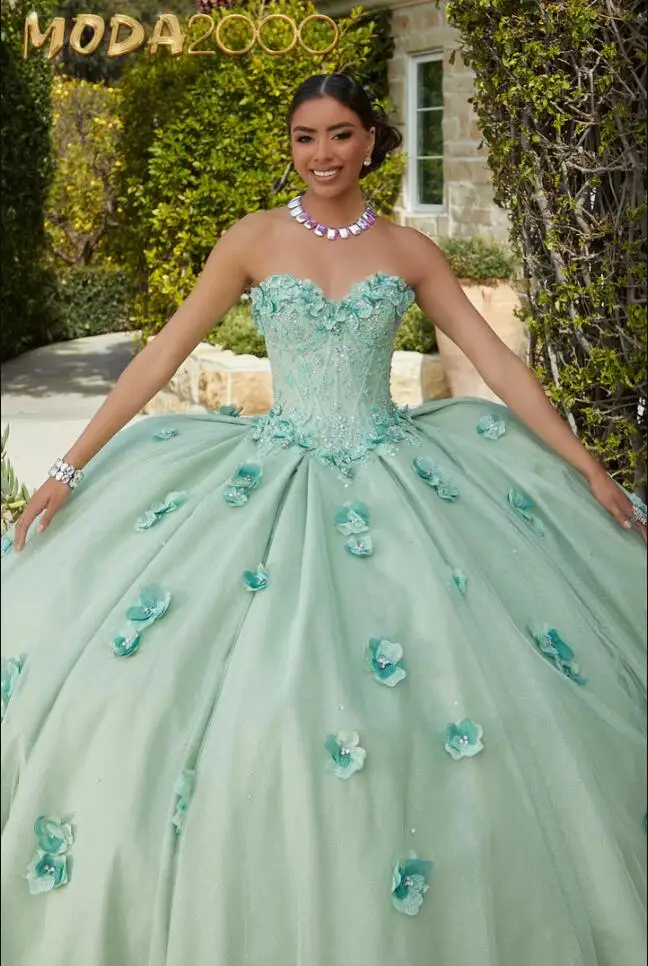 Gaun hijau Mint putri kesayangan Quinceanera korset renda korset Bodice Floral applique Prom manis 15 jubah centrillon femme