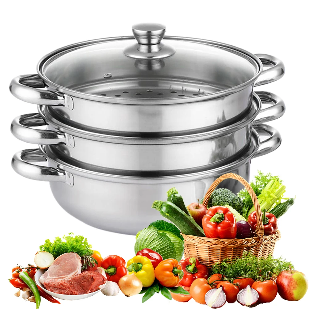 3 Tier Steamer Pot for Cooking with Lid Stainless Steel Steamer Cooker Multipurpose Food Steamer for Vegetables Seafood Soup