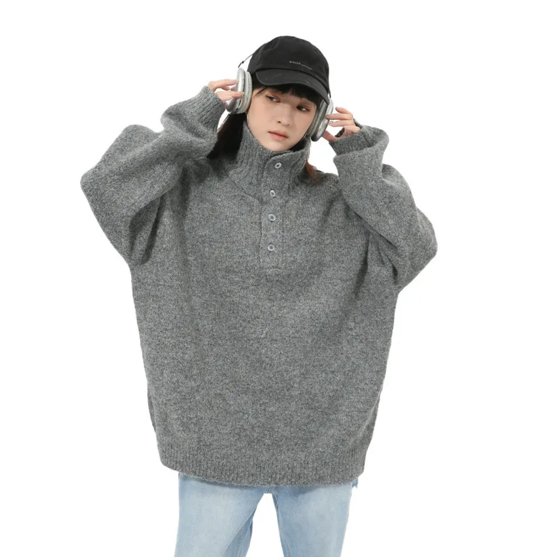 SYUHGFA Korean Style Men's Sweaters Turtleneck Single Breasted Solid Color Knitting Tops Loose 2024 Winter Male Knits Fashion