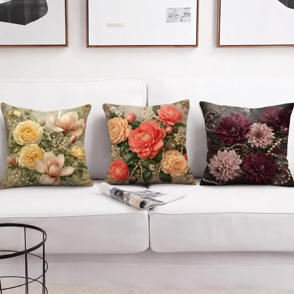 Vintage Ornate Floral Pearl Motif Cushion Cover Soft Short Plush Pillow Cases Hidden Zipper Sofa Bedroom Home Decor Gift