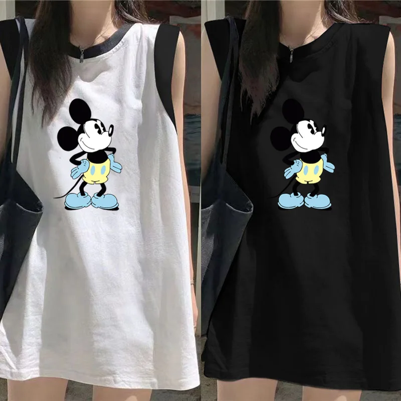 2024 New Kawaii Girls Mickey Print Sleeveless Short-Sleeved Summer Women Loose Sweet Long T-Shirt Tops Birthday Gifts Plus Size