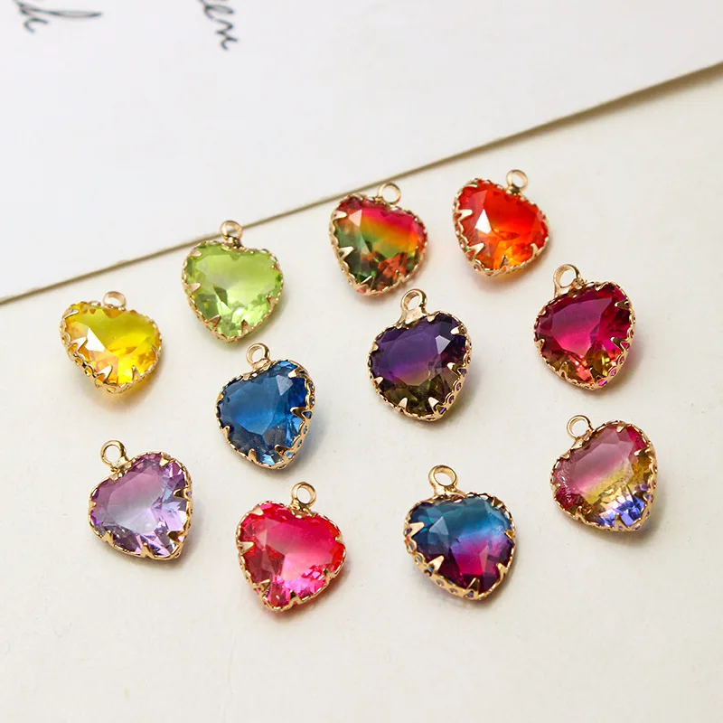1pcs Diy Accessories Copper Edging Glass Crystal Gradient Heart Pendant Gold-plate Antique Earrings Material Handmade Charms