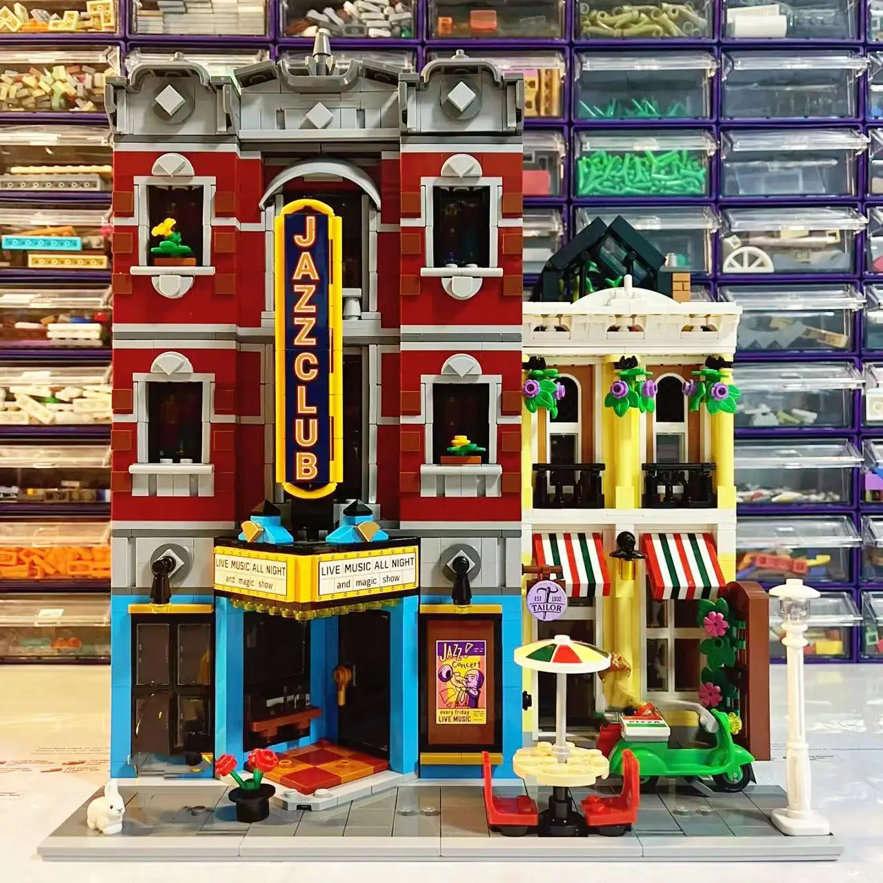 New Creating Jazz Club Expert Pizza Shop Model Modular House Building Blocks Compatible 10312 Street View Toys For Kids Adults