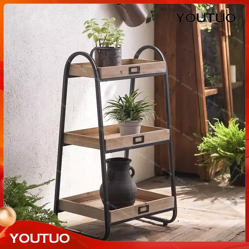 Modern Simple Retro Balcony Flower Stand for Living Room Sofa Side Snack Rack Garden Wrought Iron Multi Layer Storage Shelf