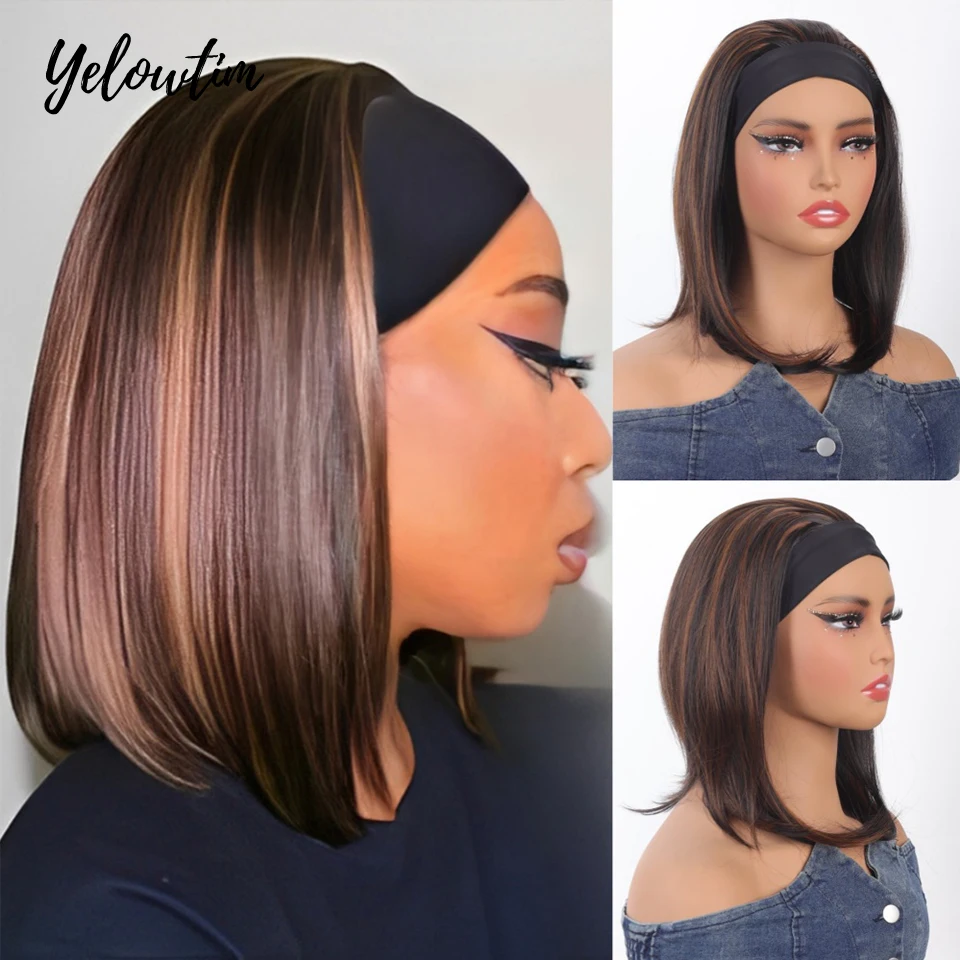 

Short Bob Headband Wigs Synthetic Hair Wig With Headband For Women Full Machine Made Straight Bob Hair Wigs Headband LM