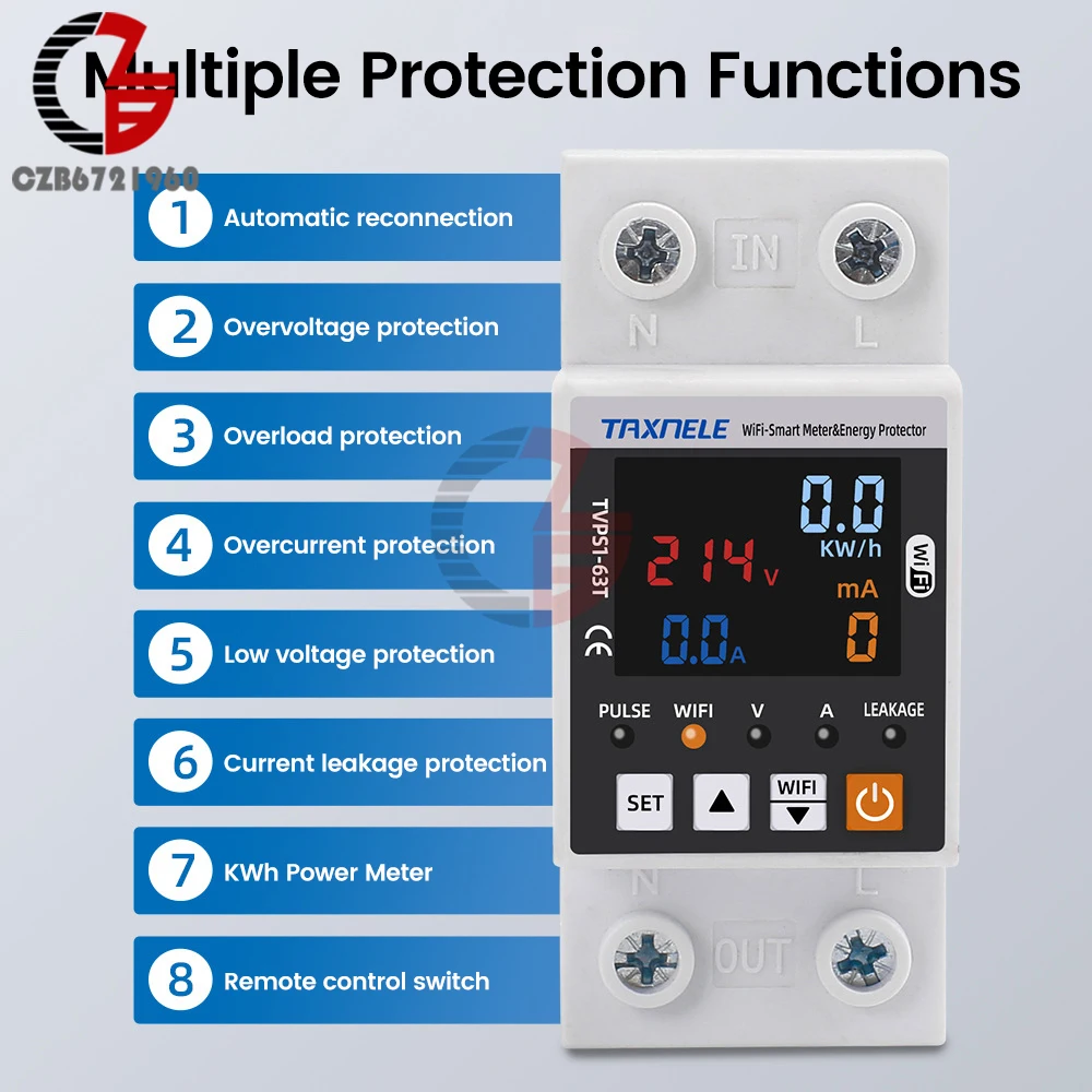 Din Rail Digital Voltmeter Power Energy Meter WiFi Smart Earth Leakage Over Under Voltage Protector Relay Device AC 85-300V 63A