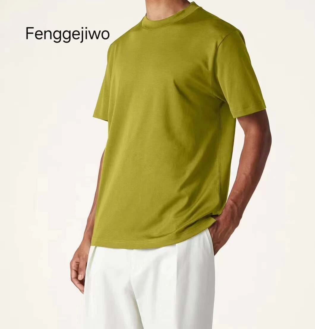 

Fenggejiwo Men's High Quality Short sleeved Cotton Modelson Silk Fabric Smooth, Sweat-absorbing, Breathable Solid Color Round Ne