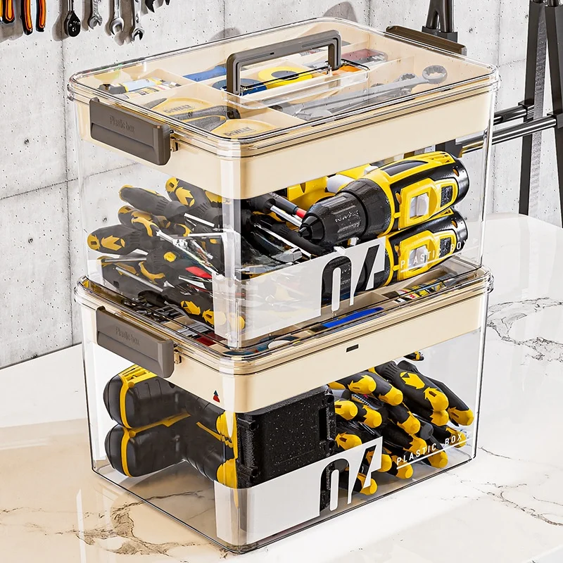 

Многофункциональный портативный ящик для инструментов, двухслойный, с разделителями, пластиковый, для хранения бытовых и хозяйственных принадлежностей, прозрачный органайзер для деталей.