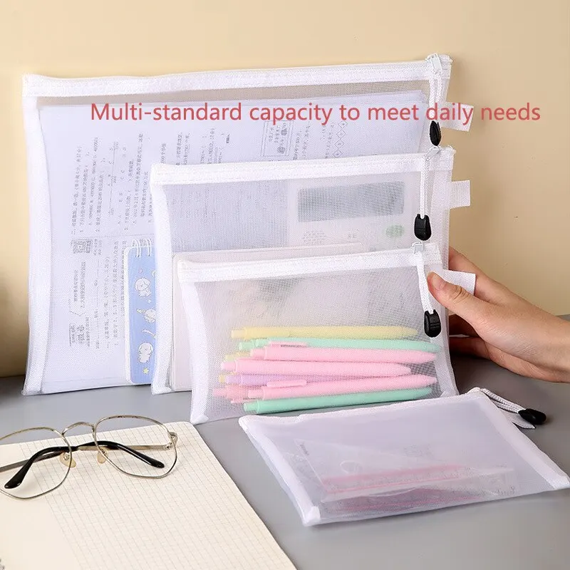 3pcs/Set Transparent Document Bag Mesh Zipper Information Bag Small Fresh Large Capacity Stationery Bag