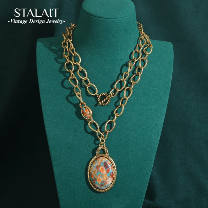 

Винтажные подвески из натурального камня, ожерелья, морская карта, древняя овальная форма, цепочка золотого цвета, антикварные украшения для женщин, аксессуары