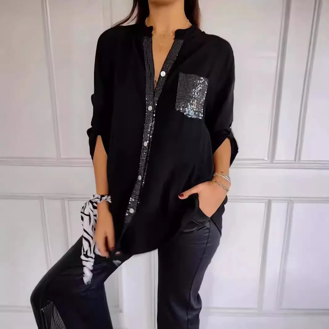 

Women Pocket Sequined Blouse Shirts Summer Casual Female Button Lantern Sleeve Bling OL Workwear Blouse Tops 2025