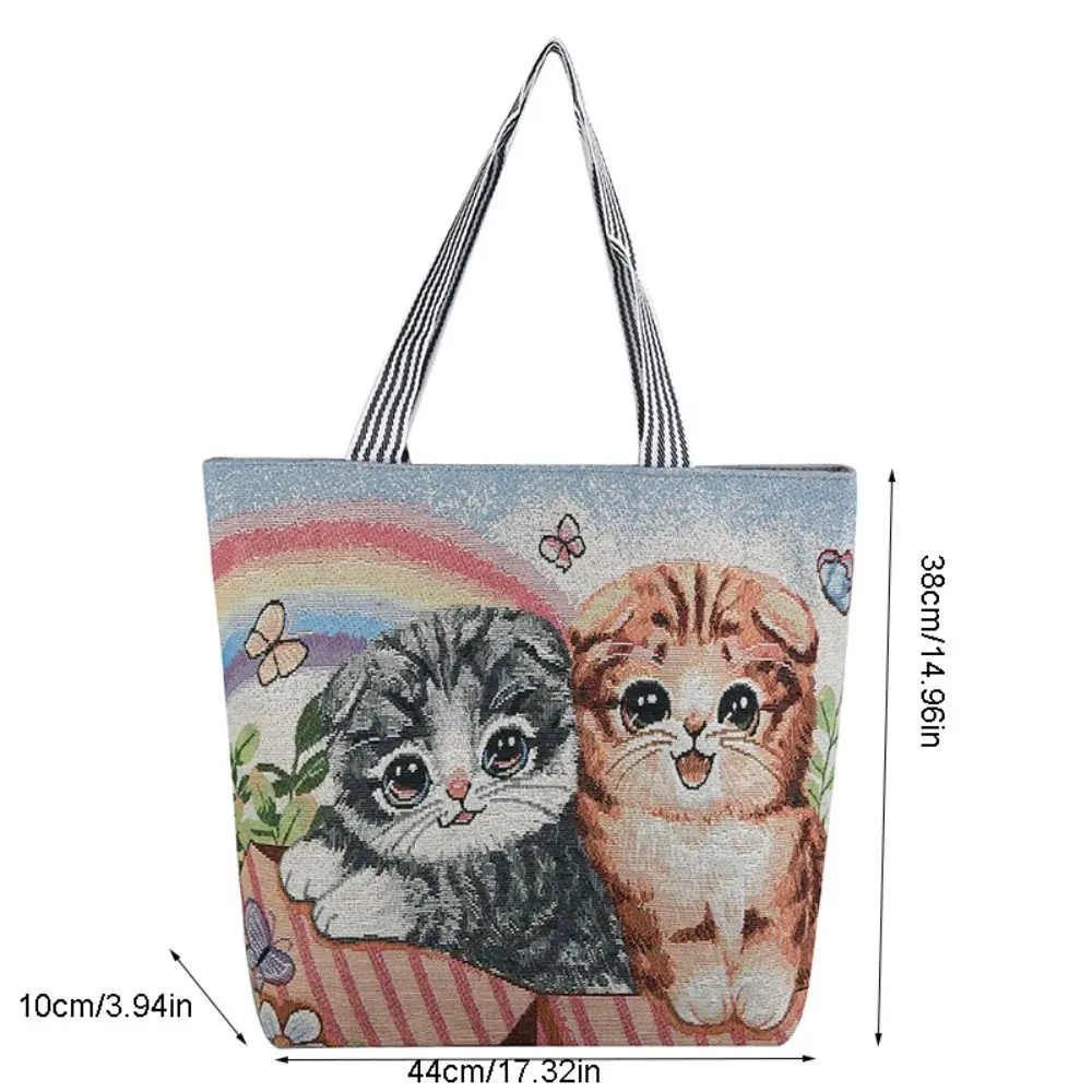 Retro Embroidery Canvas Tote Bag Cute Cartoon Cat Dog Shoulder Bag Ethnic Style Handbag Shopping Bag Mommy Bag