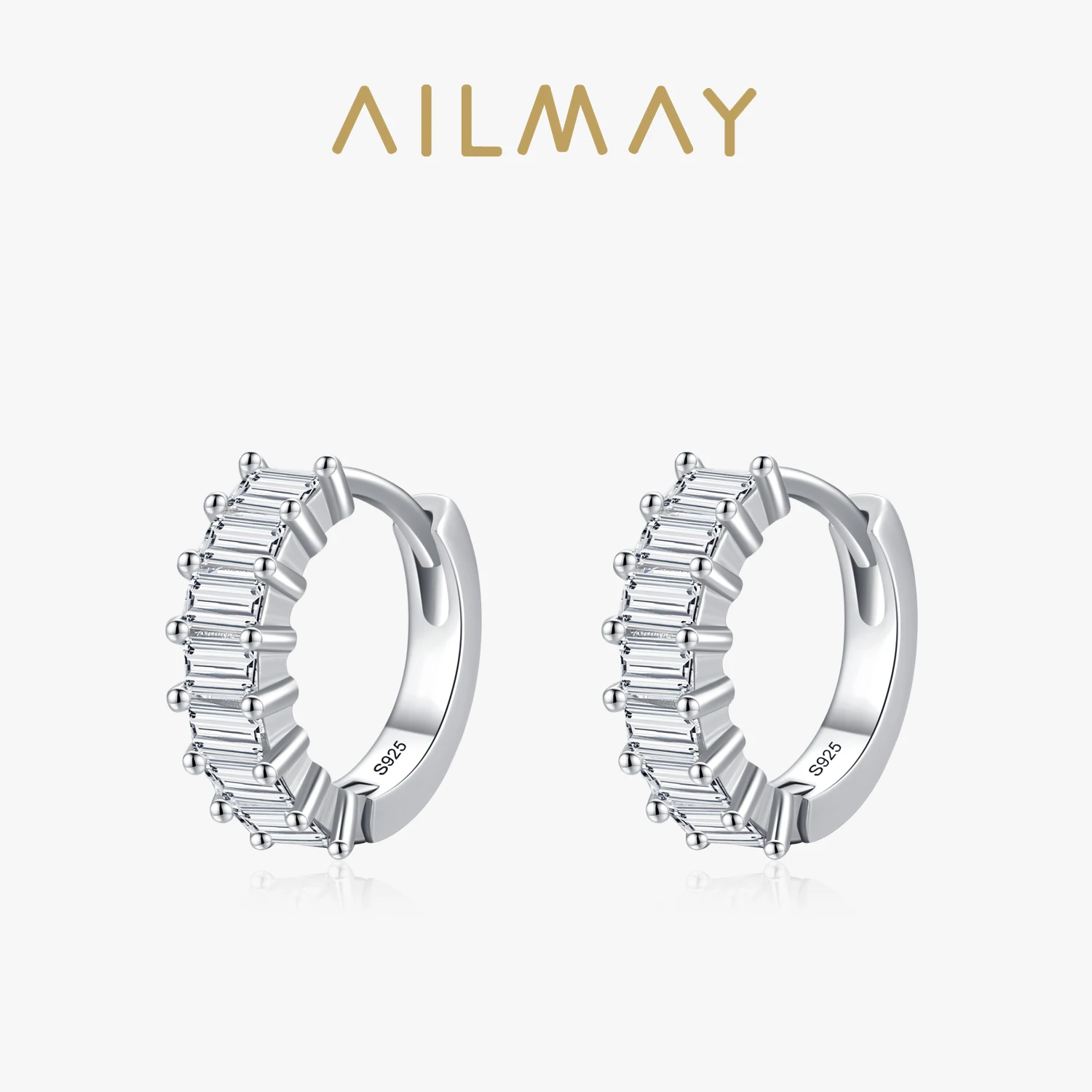 Ailmay Fashion Rectangular Stacked Clear Zircon 925 Sterling Silver Ear Buckles Hoop Earrings For Women Romantic Wedding Jewelry