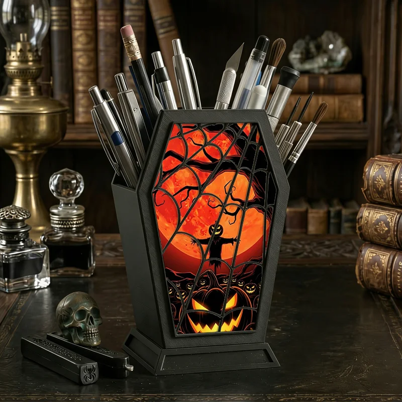 Halloween Pumpkin Scarecrow Pen Holder Spider Web Red Moon Pattern Pencil Cup Spooky Desktop Stationery Organizer Home Office De