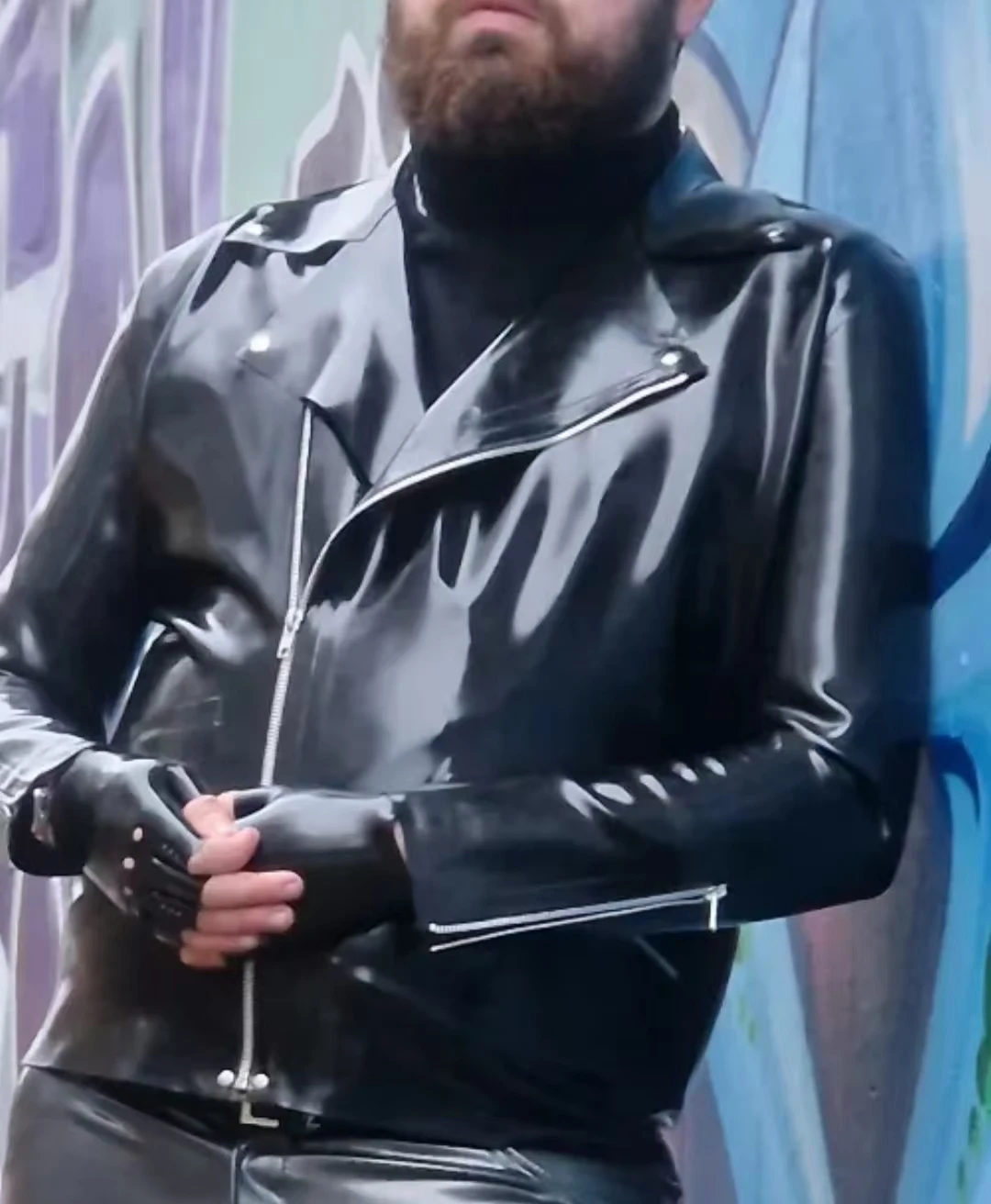 0,6mm Schwarze Handgefertigte Natürliche Latex Herren Bikerjacke Gummi-Mantel Herren Casual Oberteil Halloween Cosplay Kostüm