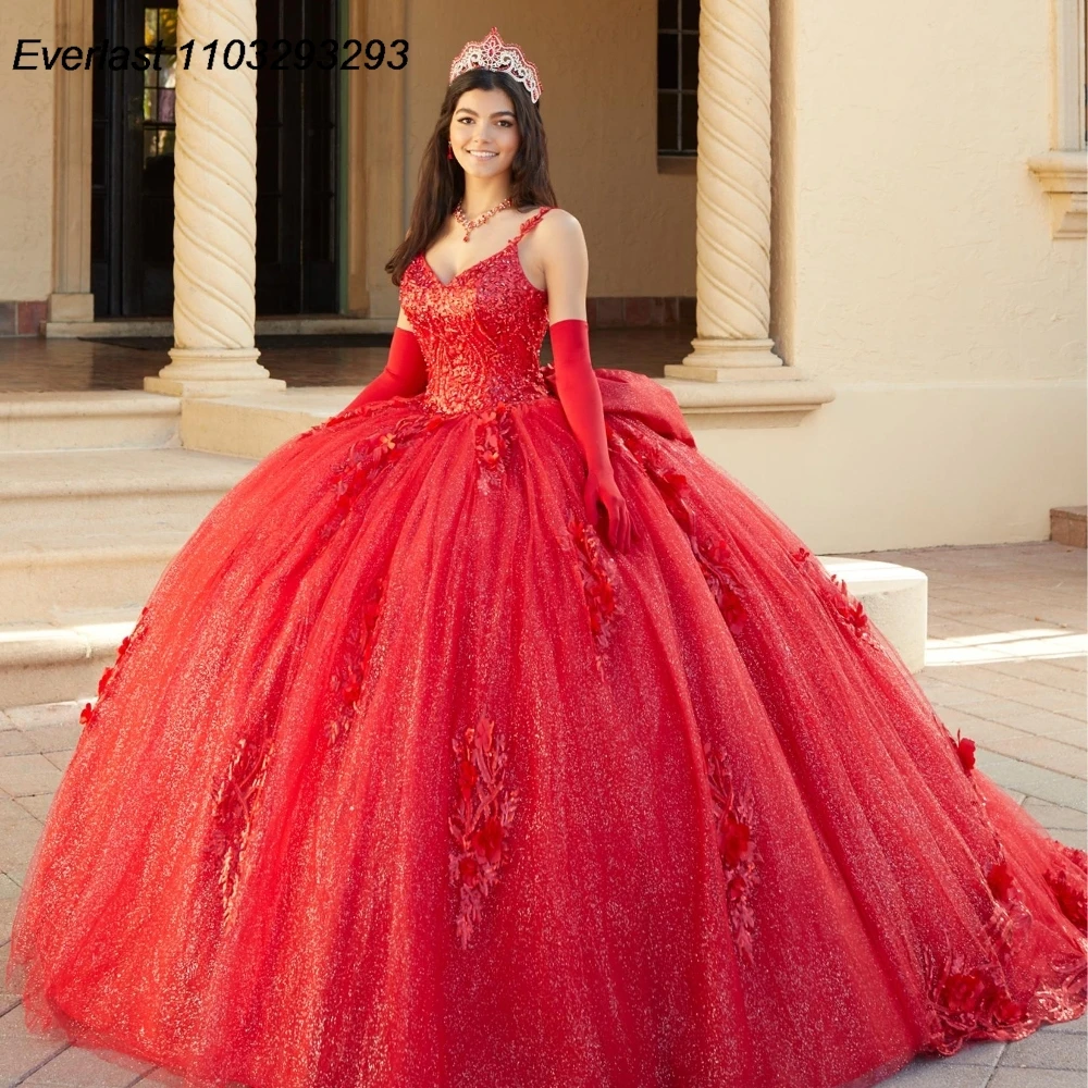 EVLAST Dostosowana brokatowa czerwona suknia Quinceanera w kwiaty Suknia balowa Błyszcząca aplikacja z koralikami Kokarda Sweet 16 Vestido De 15 Anos E1Q27