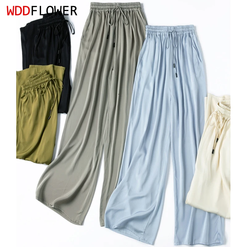 Kobiety Jedwab Długie Spodnie 93% Jedwab Morwowy 7% Spandex Jednolity Kolor Kieszeń Moda Długie Spodnie Elastyczna Talia Biuro Lady L XL M1184