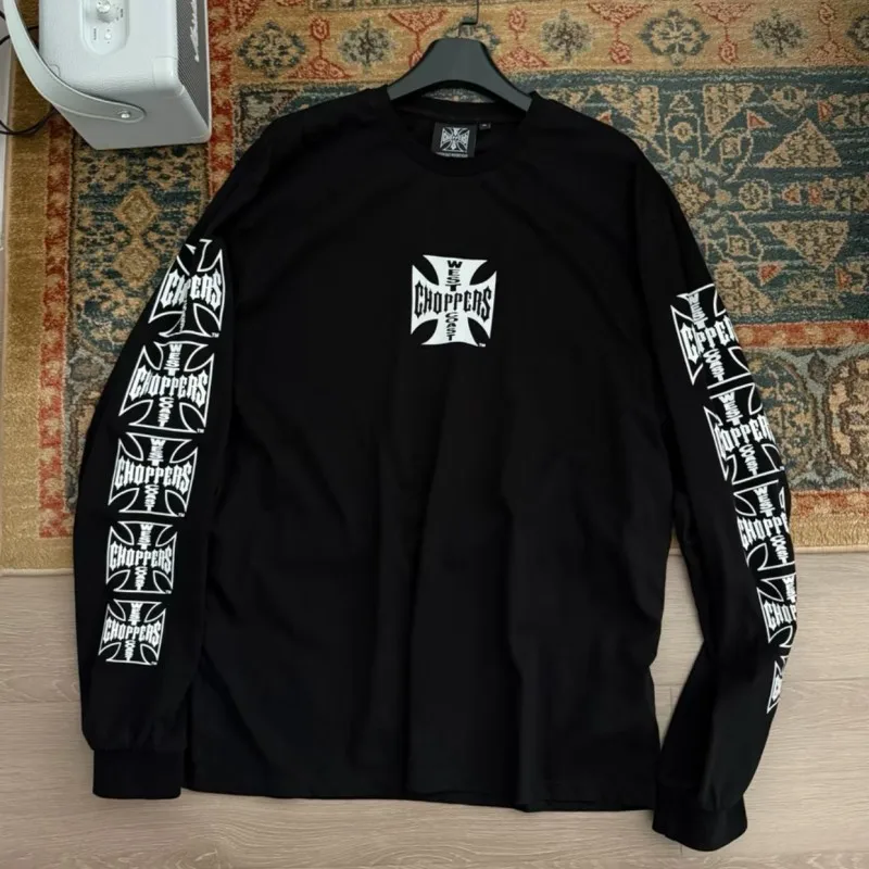 Oversize West Coast Choppers Long Sleeve Tshirts Sanskrit Cross Black Cotton Sweatshirts Men Women American Hiphop Street Outfit