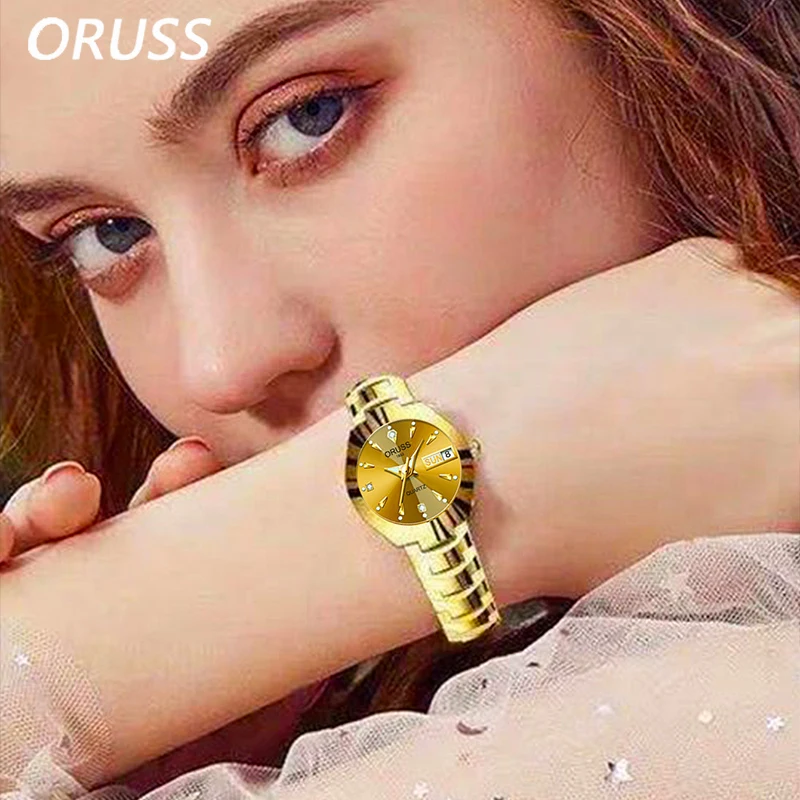 ORUSS Relogio Feminino Couple Watch Men Quartz watch for Lovers Luxury Womens wristwatch Week Display Stainless Steel Waterproof
