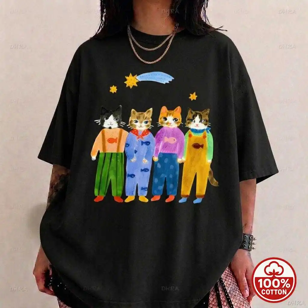 Hand Painted Cute Cats, 90s Graphic Tees, Cute Cat Lover Shirt, Whimsical Cat Graphic Tee, Colorful Cat Art T-Shirt