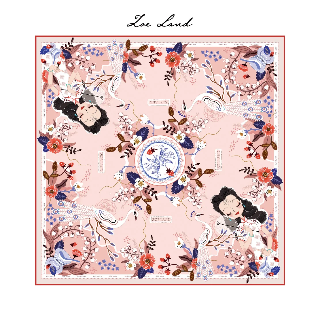 

Pink Silk Square Scarf Shawl ZOELAND Spring Fashion Accessory Digital Print Decorative Plant Floral for All Ages