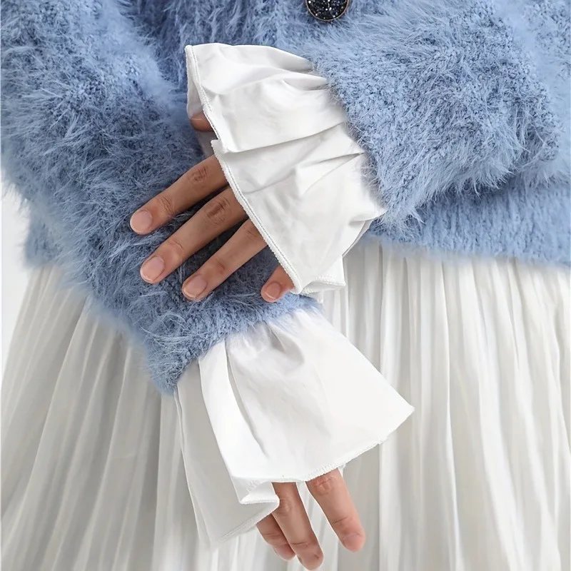 2pcs Ruffles Simple White Cuffs Trumpet Shaped Sleeve Button Casual Fake Cuff Women Clothing Accessories Wrist Wrap Cuffs view 6