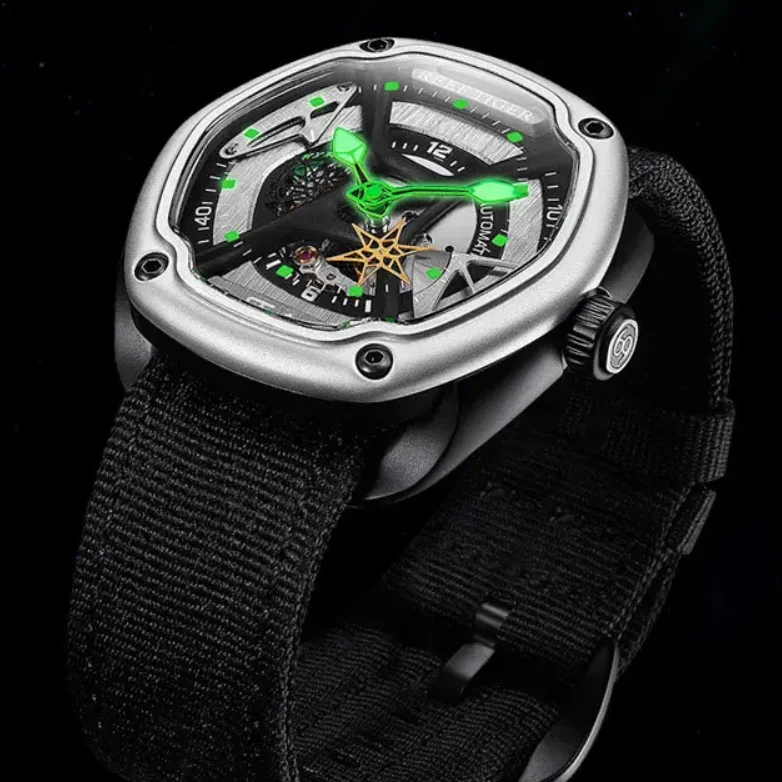 

Мужские автоматические часы Reef Tiger, 48 мм, механические наручные часы, сапфировое зеркало, светящийся скелетонизированный циферблат