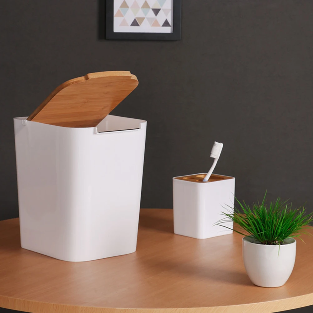 

Trash Can with Lid Modern Kitchen Garbage Bin Decorative Waste Basket Cans Large Capacity High Quality PP Material Wooden Cover