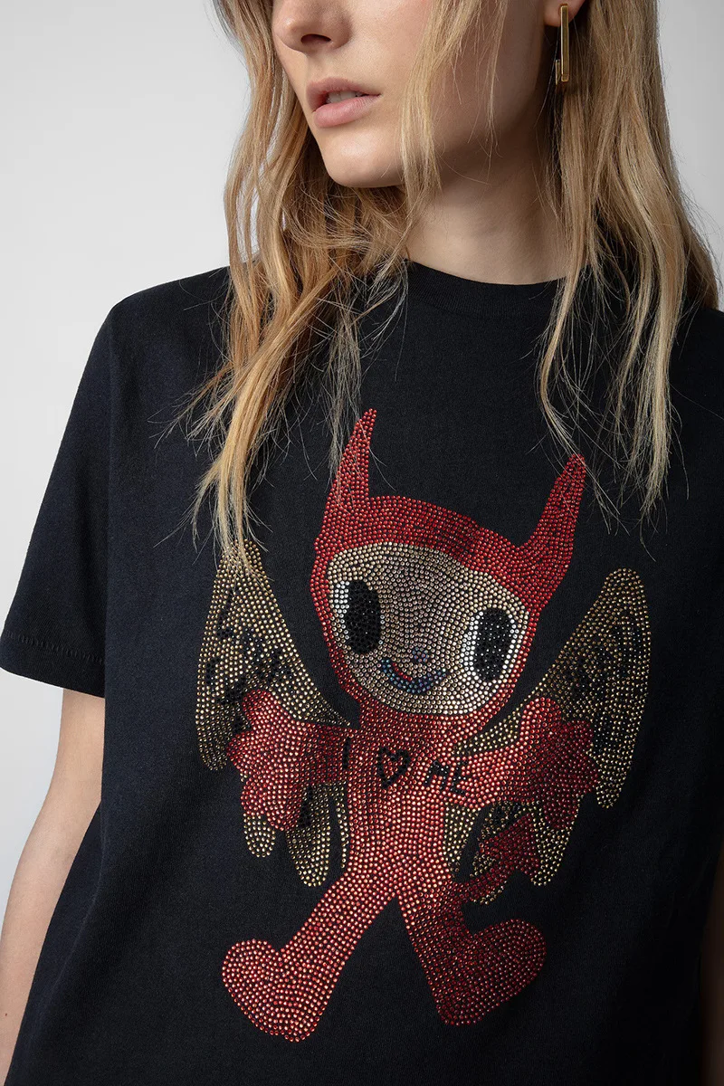 

Весенне-летняя новая женская футболка Sle Street Sle ort Sve с кукольным принтом и стразами Ba, хлопковая футболка Bla с буквенным принтом