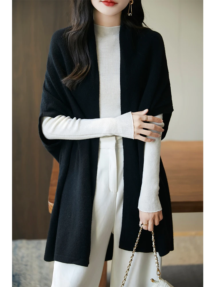 100% Pure Wool Shawl Women\'s Knitted Sweater Cardigan Spring and Autumn New Style Solid Color Shawl Jacket Fashion Korean