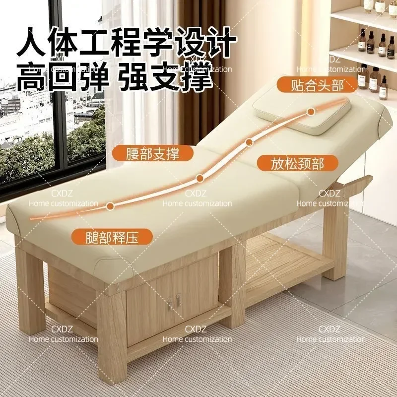 Solid Wood Beauty Bed with Hole Pattern Embroidery for Salon Massage and Home Physiotherapy Ear Treatment Fire Therapy